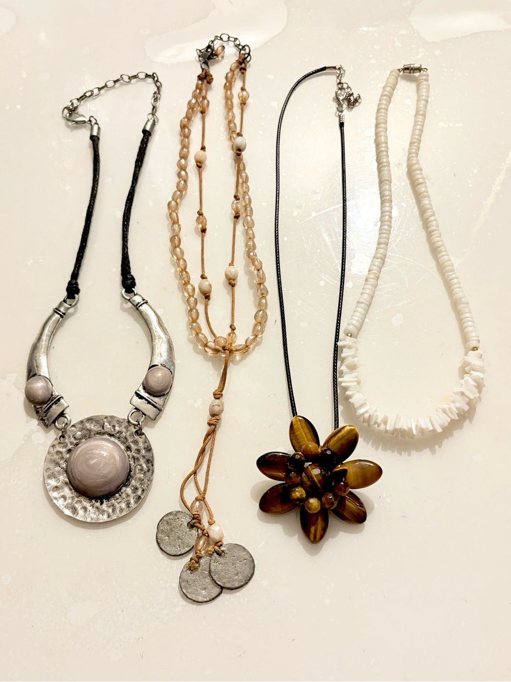 Assorted Women’s Beaded and Pendant Necklaces - White, Tan, Brown, Silver 4pc
